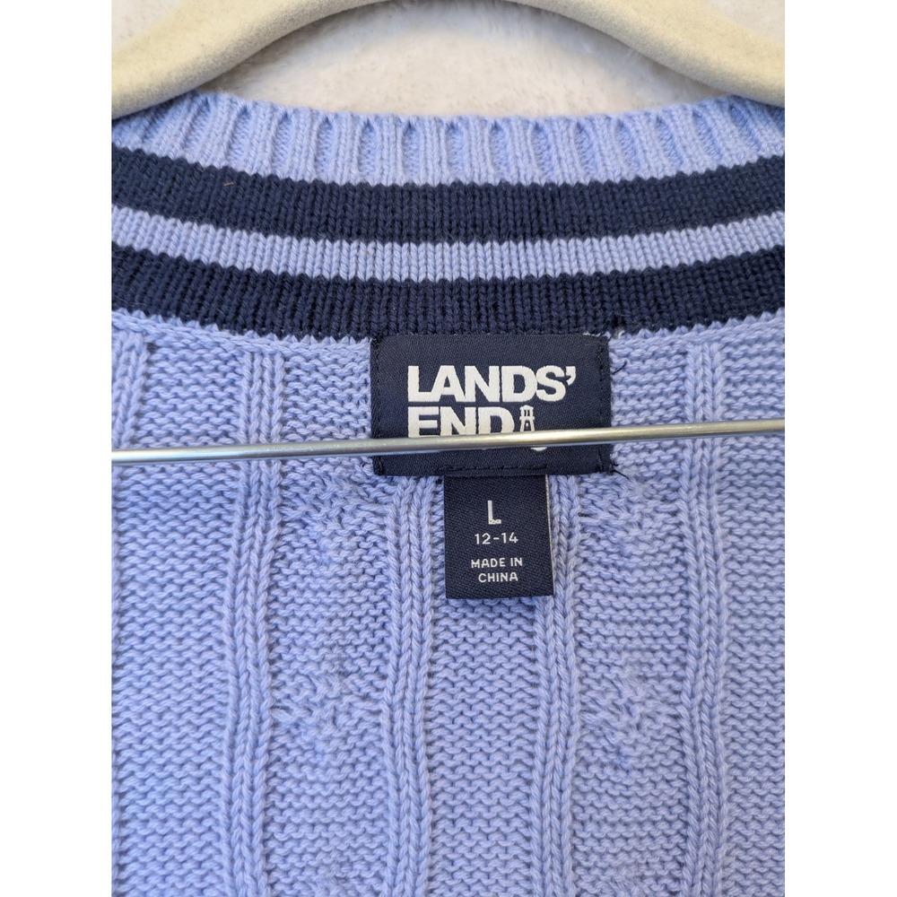 Lands End Women's Size L Blue V-Neck Varsity Stripe Sweater Cotton Cable Knit‎ - Picture 4 of 8